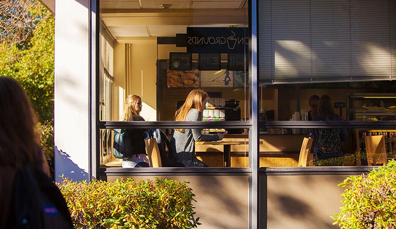 A photo of a window, with a woman sitting inside surrounded by a Coffee shop, Common Grounds